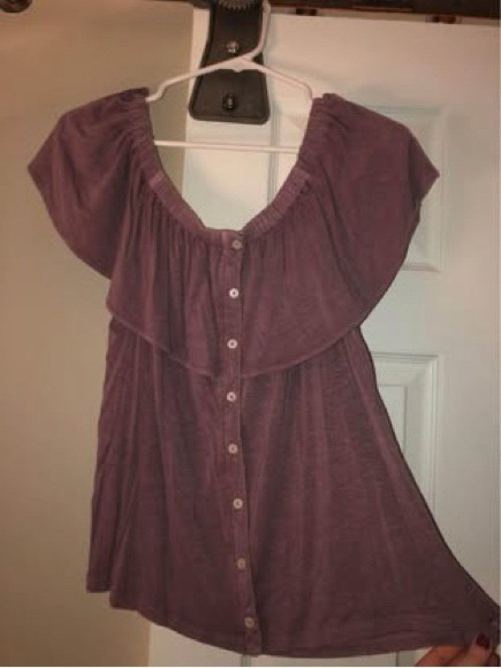 American Eagle Outfitters Mauve Off-Shoulder Ruffle Button-Front Top